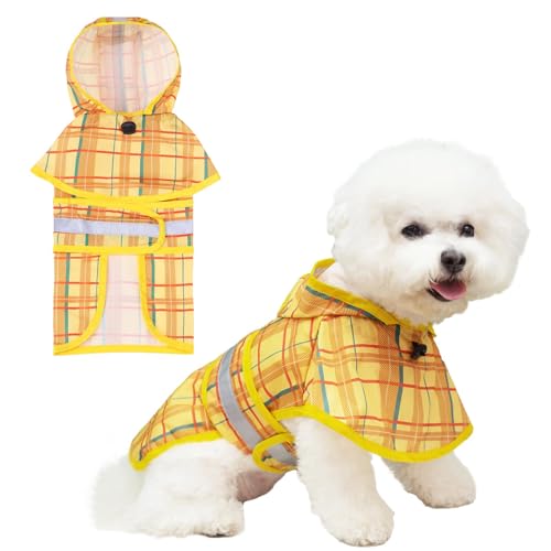 KOOLTAIL Hunde-Regenmantel mit Kapuze und Loch für die Leine, wasserdichte Hunde-Regenjacke mit reflektierenden Streifen, verstellbar, atmungsaktiv, Gelb, Schottenmuster, Small von KOOLTAIL