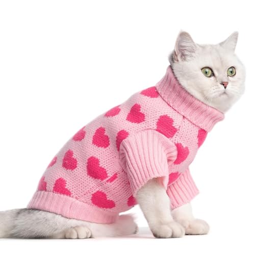 KOOLTAIL Katzenpullover – Valentinstags-Outfit mit Herz-Liebe-Muster, weich, warm, gestrickt, Rollkragenkleidung für Katzen, Kätzchen, kleine Hunde, Welpen, Rosa, Größe L von KOOLTAIL