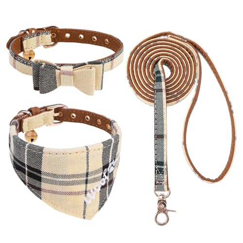 KOOLTAIL Set mit Halsband und Leine für kleine Hunde und Leine mit Fliege und Glöckchen – Welpenhalsband und Leine für Jungen oder Mädchen mit klassischem Karomuster, weiches Leder, verhedderungsfreie von KOOLTAIL