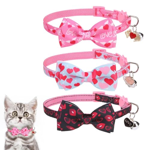 KOOLTAIL Valentinstag-Katzenhalsband mit Fliege und Glocken, 3 Stück, niedliche Kätzchen-Halsbänder, verstellbare Sicherheitsschnalle, Herzanhänger, Haustierhalsbänder für Kätzchen, Jungen, Mädchen von KOOLTAIL