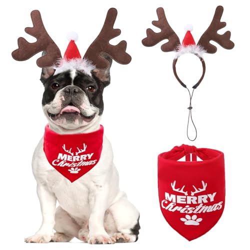 KOOLTAIL Weihnachtliches Hunde-Elch-Rentier-Geweih-Stirnband mit Weihnachtsmütze und Bandana-Set, Hunde-Haustier-Weihnachtskostüm-Zubehör, Kopfbedeckung, Hirsch, Cosplay für kleine, mittelgroße und KOOLTAIL Weihnachtliches Hunde-Elch-Rentier-Geweih-Stirnband mit Weihnachtsmütze und Bandana-Set, Hunde-Haustier-Weihnachtskostüm-Zubehör, Kopfbedeckung, Hirsch, Cosplay für kleine, mittelgroße und von KOOLTAIL