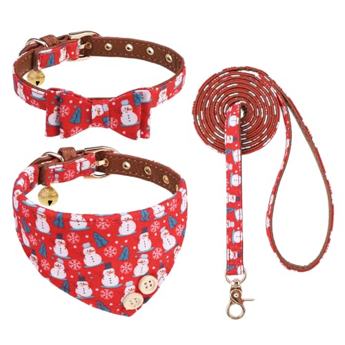 Weihnachtlicher Schneemann bestickter Lederschleife Halsband + Dreieckstuch + Halteseil, 3er-Set von KOOLTAIL