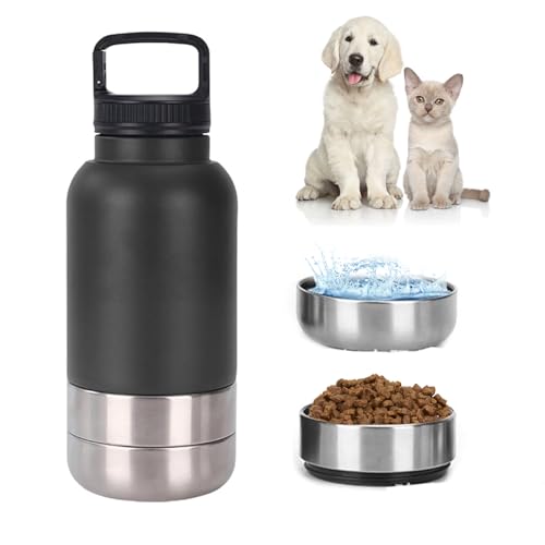 3-in-1 Dog Water Bottle 32oz, Stainless Steel Insulated Puppy Water Bottle with Detachable Food Bowl and Water Bowl, Dog Food Travel Container (Black, 32oz) von KOOMAL