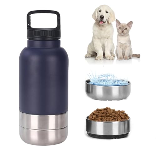 3-in-1 Dog Water Bottle 32oz, Stainless Steel Insulated Puppy Water Bottle with Detachable Food Bowl and Water Bowl, Dog Food Travel Container (Blue, 32oz) von KOOMAL