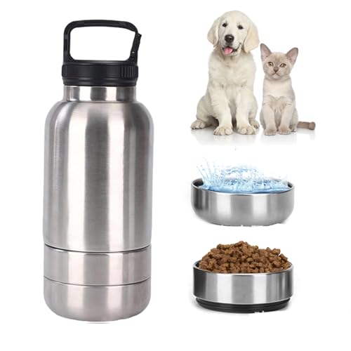 3-in-1 Dog Water Bottle 32oz, Stainless Steel Insulated Puppy Water Bottle with Detachable Food Bowl and Water Bowl, Dog Food Travel Container (Silver, 32oz) von KOOMAL
