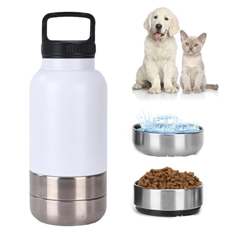 3-in-1 Dog Water Bottle 32oz, Stainless Steel Insulated Puppy Water Bottle with Detachable Food Bowl and Water Bowl, Dog Food Travel Container (White, 32oz) von KOOMAL