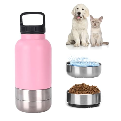 3-in-1 Dog Water Bottle 32oz, Stainless Steel Insulated Puppy Water Bottle with Detachable Food Bowl and Water Bowl, Dog Food Travel Container (pink, 32oz) von KOOMAL