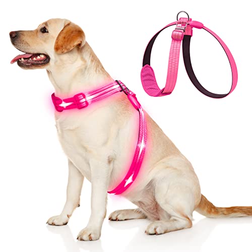 KOSKILL LED Hundegeschirr Wiederaufladbares Beleuchtetes Hundegeschirr Leuchtet Im Dunkeln LED Hundeweste Reflektierend Hundelichter für Nachtspaziergänge Pink L von KOSKILL