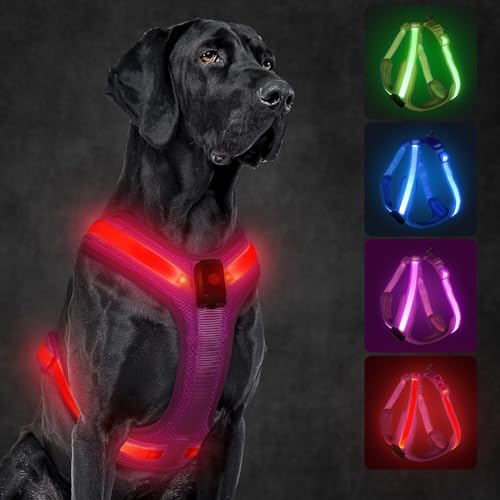 KOSKILL LED Hundegeschirr Wiederaufladbares Beleuchtetes Hundegeschirr Leuchtet Im Dunkeln LED Hundeweste Reflektierend Hundelichter für Nachtspaziergänge (Pink Rot, L) von KOSKILL