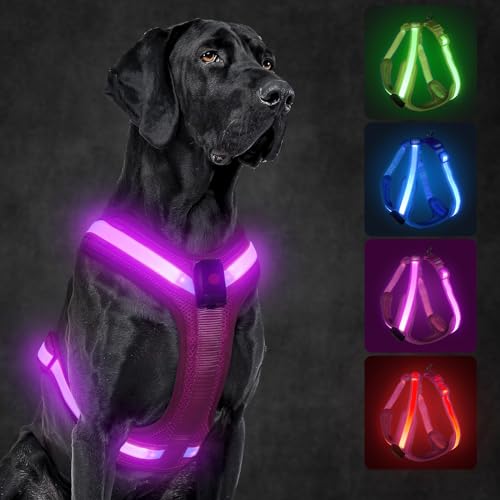 KOSKILL LED Hundegeschirr Wiederaufladbares Beleuchtetes Hundegeschirr Leuchtet Im Dunkeln LED Hundeweste Reflektierend Hundelichter für Nachtspaziergänge (Rosa, L) von KOSKILL