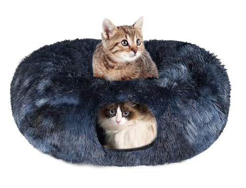 KOMUSMO Katzentunnelbett mit zentraler Matte und hängendem Ballspielzeug, multifunktionales großes Katzenbett Höhle Donut für Indoor-Katzen, weicher Plüsch, flauschig, zusammenklappbar, Peekaboo-Höhle von KOSMUSMO