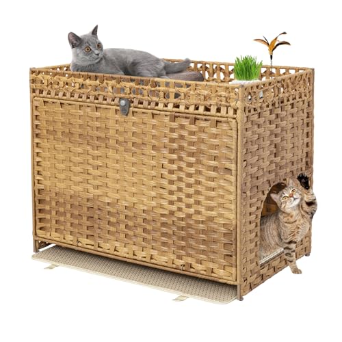 Katzenklo mit weicher Matte, handgewebtes Rattan-Katzenhaus mit Tür für große Katzen, stilvolle versteckte Waschraum-Möbel für Wohnzimmer, Schlafzimmer oder Balkon, Natur Katzenklo mit weicher Matte, handgewebtes Rattan-Katzenhaus mit Tür für große Katzen, stilvolle versteckte Waschraum-Möbel für Wohnzimmer, Schlafzimmer oder Balkon, Natur von KOUSEI