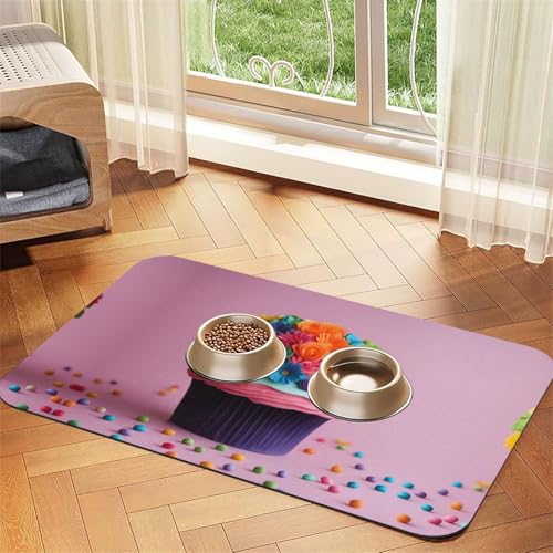 Bunte Cupcake-/Regenbogen-Blumen-Aufdruck, Katzenfuttermatte, Haustier-Füttermatte für Boden, Haustierbedarf, Wassernapf-Matte, Hundezubehör von KOUUIP