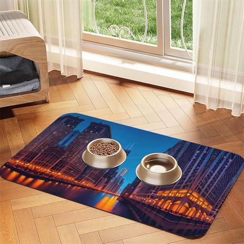 Chicago Night Katzenfuttermatte, Haustier-Futtermatte für Boden, Haustierbedarf, Wassernapf-Matte für Hunde Chicago Night Katzenfuttermatte, Haustier-Futtermatte für Boden, Haustierbedarf, Wassernapf-Matte für Hunde von KOUUIP