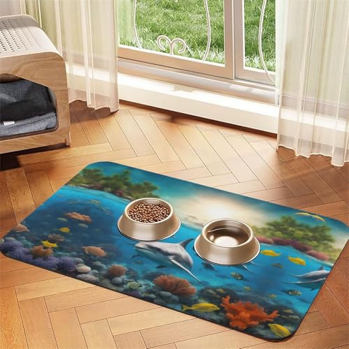 Delfine, Meeresschildkröte, Hai, Oktopus, Korallendruck, Katzenfuttermatte, Haustier-Futtermatte für Boden, Haustierbedarf, Wassernapf, Matte für Hunde Delfine, Meeresschildkröte, Hai, Oktopus, Korallendruck, Katzenfuttermatte, Haustier-Futtermatte für Boden, Haustierbedarf, Wassernapf, Matte für Hunde von KOUUIP