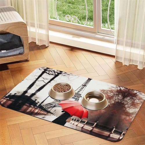 Eiffelturm mit rotem Regenschirm-Druck, Katzenfuttermatte, Haustier-Futtermatte für Boden, Haustierbedarf, Wassernapf, Matte für Hunde von KOUUIP