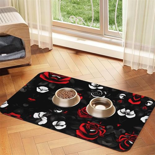 Futtermatte für Katzen, Schwarz / Weiß / Rot mit Rosen Futtermatte für Katzen, Schwarz / Weiß / Rot mit Rosen von KOUUIP