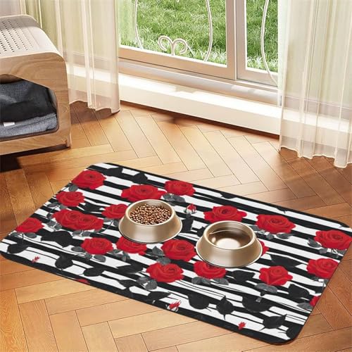 Futtermatte für Katzen, Schwarz / Weiß gestreift, rote Rosen und Blumen, für den Boden, Haustierbedarf, Wassernapf-Matte für Hunde Futtermatte für Katzen, Schwarz / Weiß gestreift, rote Rosen und Blumen, für den Boden, Haustierbedarf, Wassernapf-Matte für Hunde von KOUUIP