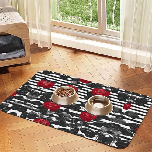 Futtermatte für Katzen, Schwarz / Weiß gestreift, rote Rosen und Blumen, für den Boden, Haustierbedarf, Wassernapf-Matte für Hunde Futtermatte für Katzen, Schwarz / Weiß gestreift, rote Rosen und Blumen, für den Boden, Haustierbedarf, Wassernapf-Matte für Hunde von KOUUIP