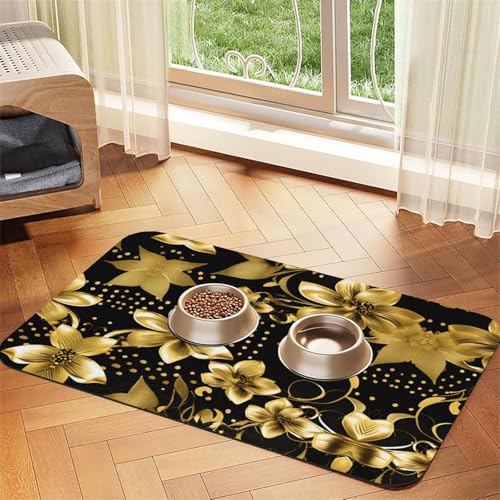 Futtermatte für Katzen, Schwarz und Gold, Blumendruck, für Boden, Haustierbedarf, Wassernapf, Matte für Hunde von KOUUIP