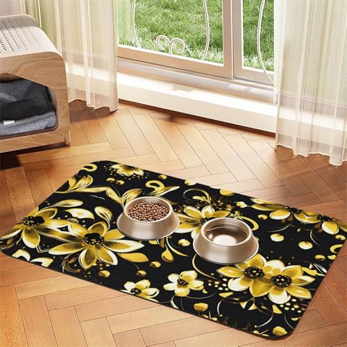 Futtermatte für Katzen, Schwarz und Gold, Blumendruck, für Boden, Haustierbedarf, Wassernapf, Matte für Hunde Futtermatte für Katzen, Schwarz und Gold, Blumendruck, für Boden, Haustierbedarf, Wassernapf, Matte für Hunde von KOUUIP