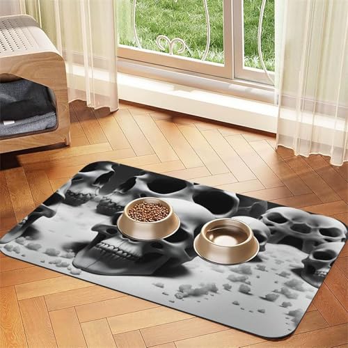 Futtermatte für Katzen, mit Totenkopf-Motiv, für den Boden, Haustierbedarf, Wassernapf, Matte für Hunde, Schwarz und Weiß Futtermatte für Katzen, mit Totenkopf-Motiv, für den Boden, Haustierbedarf, Wassernapf, Matte für Hunde, Schwarz und Weiß von KOUUIP