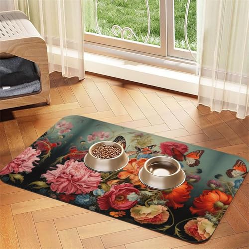 Futtermatte für Katzen mit Blumen und Schmetterlingen, für den Boden, Haustierbedarf, Wassernapf-Matte für Hunde Futtermatte für Katzen mit Blumen und Schmetterlingen, für den Boden, Haustierbedarf, Wassernapf-Matte für Hunde von KOUUIP