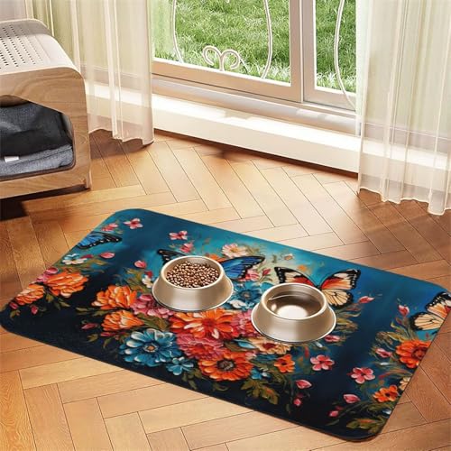 Futtermatte für Katzen mit Blumen und Schmetterlingen, für den Boden, Haustierbedarf, Wassernapf-Matte für Hunde Futtermatte für Katzen mit Blumen und Schmetterlingen, für den Boden, Haustierbedarf, Wassernapf-Matte für Hunde von KOUUIP