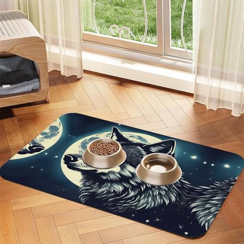 Futternapf-Matte mit Wolfsnacht-Mond-Aufdruck, Haustier-Futtermatte für Boden, Haustierbedarf, Wassernapf-Matte für Hunde Futternapf-Matte mit Wolfsnacht-Mond-Aufdruck, Haustier-Futtermatte für Boden, Haustierbedarf, Wassernapf-Matte für Hunde von KOUUIP