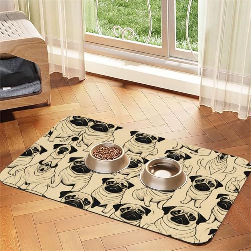 Futternapf-Matte mit niedlichem Mops-Aufdruck, Haustier-Futtermatte für Boden, Haustierbedarf, Wassernapf, Matten für Hunde Futternapf-Matte mit niedlichem Mops-Aufdruck, Haustier-Futtermatte für Boden, Haustierbedarf, Wassernapf, Matten für Hunde von KOUUIP