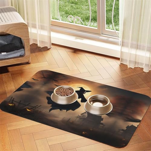 Halloween Hexe fliegende Katzenfuttermatte, Haustier-Futtermatte für Boden, Haustierbedarf, Wassernapf, Matte, Hundebedarf von KOUUIP