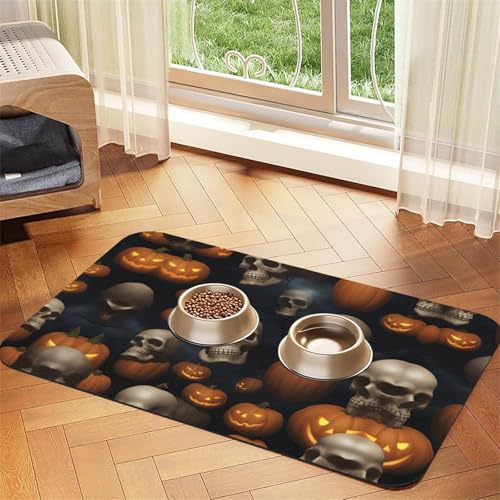 Halloween-Totenkopf-Aufdruck, Katzenfuttermatte, Haustier-Futtermatte für Boden, Haustierbedarf, Wassernapf, Matte für Hunde von KOUUIP