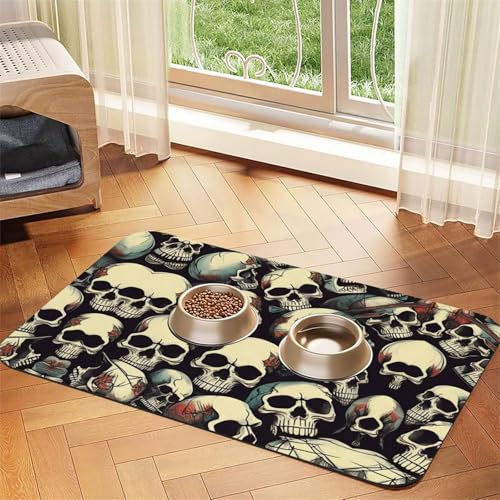 Haustier-Futtermatte mit Totenkopf-Skelett-Druck, Haustier-Futtermatte für Boden, Haustierbedarf, Wassernapf-Matte für Hunde Haustier-Futtermatte mit Totenkopf-Skelett-Druck, Haustier-Futtermatte für Boden, Haustierbedarf, Wassernapf-Matte für Hunde von KOUUIP