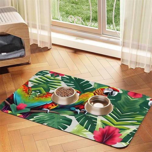 Haustier-Futtermatte mit tropischem Blumenblatt und Papageien-Druck, für den Boden, Haustierbedarf, Wassernapf-Matte für Hunde Haustier-Futtermatte mit tropischem Blumenblatt und Papageien-Druck, für den Boden, Haustierbedarf, Wassernapf-Matte für Hunde von KOUUIP
