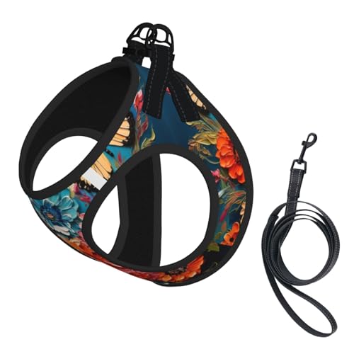 Hundegeschirr mit Leine und Blumen- und Schmetterlingsdruck, mit verdickter, gepolsterter Weste für extra kleine/kleine, mittelgroße Hunde Hundegeschirr mit Leine und Blumen- und Schmetterlingsdruck, mit verdickter, gepolsterter Weste für extra kleine/kleine, mittelgroße Hunde von KOUUIP