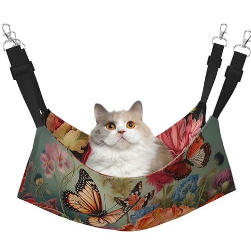 KOUUIP Katzen-Hängematte mit Blumen- und Schmetterlings-Aufdruck, zum Aufhängen von Käfigen, Haustier-Hängematte, Bett, verstellbar, weiche Schlafhängematte für Katzen, Frettchen von KOUUIP