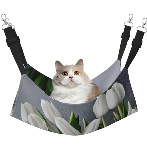 KOUUIP Katzen-Hängematte mit weißen Tulpen und Blumen, zum Aufhängen im Käfig, verstellbar, weiche Schlafhängematte für Katzen, Frettchen von KOUUIP