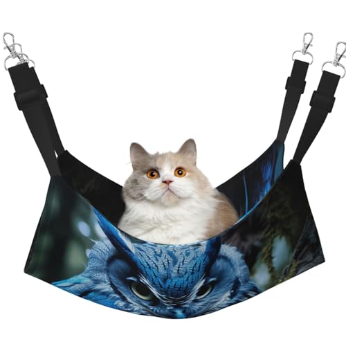 KOUUIP Katzenhängematte mit blauem Eulen-Druck, zum Aufhängen im Käfig, Haustier-Hängematte, Bett, verstellbar, weiche Schlafhängematte für Katzen, Frettchen von KOUUIP