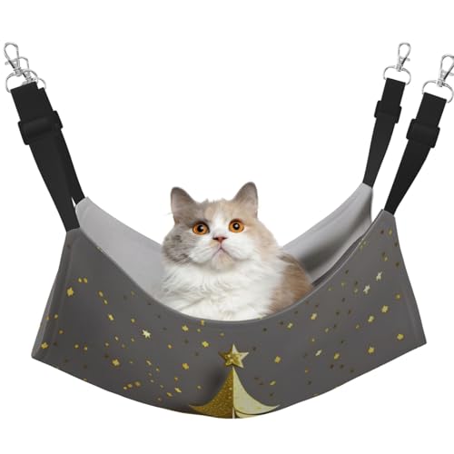 KOUUIP Katzenhängematte mit goldenem Glitzer-Weihnachtsbaum-Druck, zum Aufhängen von Käfigen, Haustier-Hängematte, Bett, verstellbar, weiche Schlaf-Hängematte für Katzen, Frettchen von KOUUIP