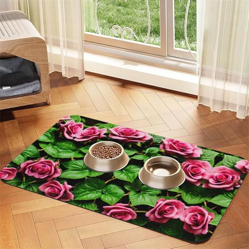 Katzenfuttermatte mit Blumenmuster, Rose, Efeu mit Blättern, Frühlingsdruck, Haustier-Futtermatte für Boden, Haustierbedarf, Wassernapf, Matte für Hunde Katzenfuttermatte mit Blumenmuster, Rose, Efeu mit Blättern, Frühlingsdruck, Haustier-Futtermatte für Boden, Haustierbedarf, Wassernapf, Matte für Hunde von KOUUIP