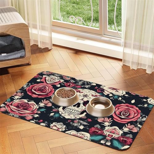 Katzenfuttermatte mit Blumenschädel und Ornament-Muster, Haustier-Futtermatte für Boden, Haustierbedarf, Wassernapf-Matte für Hunde Katzenfuttermatte mit Blumenschädel und Ornament-Muster, Haustier-Futtermatte für Boden, Haustierbedarf, Wassernapf-Matte für Hunde von KOUUIP