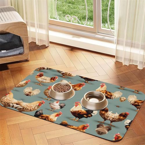 Katzenfuttermatte mit Hühner-Aufdruck, Haustier-Futtermatte für Boden, Haustierbedarf, Wassernapf, Matte für Hunde von KOUUIP