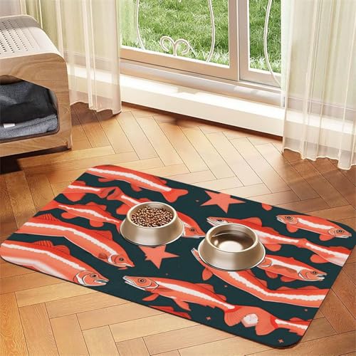 Katzenfuttermatte mit Lachsdruck, Haustier-Futtermatte für Boden, Haustierbedarf, Wassernapf-Matte für Hunde Katzenfuttermatte mit Lachsdruck, Haustier-Futtermatte für Boden, Haustierbedarf, Wassernapf-Matte für Hunde von KOUUIP