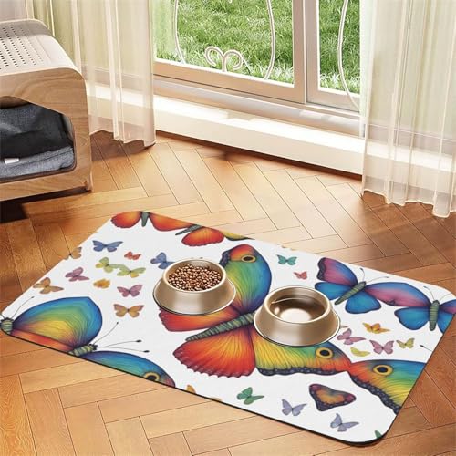 Katzenfuttermatte mit Regenbogen-Schmetterling-Aufdruck, Haustier-Futtermatte für Boden, Haustierbedarf, Wassernapf-Matte für Hunde Katzenfuttermatte mit Regenbogen-Schmetterling-Aufdruck, Haustier-Futtermatte für Boden, Haustierbedarf, Wassernapf-Matte für Hunde von KOUUIP