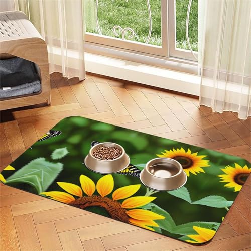 Katzenfuttermatte mit Sonnenblumen-Schmetterlings-Aufdruck, Haustier-Futtermatte für Boden, Haustierbedarf, Wassernapf, Matte für Hunde Katzenfuttermatte mit Sonnenblumen-Schmetterlings-Aufdruck, Haustier-Futtermatte für Boden, Haustierbedarf, Wassernapf, Matte für Hunde von KOUUIP