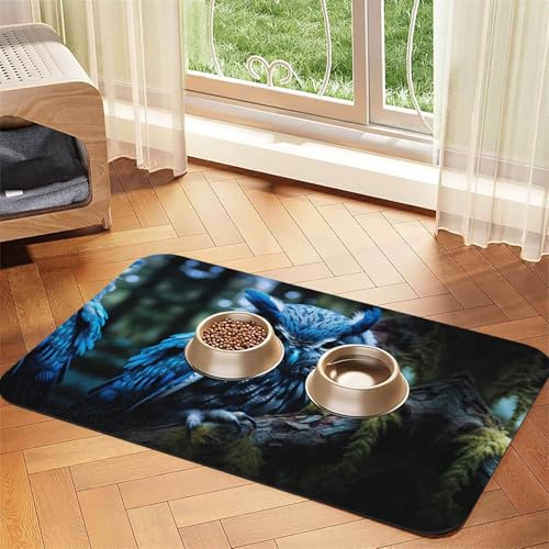Katzenfuttermatte mit blauem Eulen-Druck, Haustier-Futtermatte für Boden, Haustierbedarf, Wassernapf-Matte für Hunde von KOUUIP