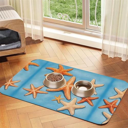 Katzenfuttermatte mit blauem Hintergrund, Seestern-Druck, Haustier-Futtermatte für Boden, Haustierbedarf, Wassernapf, Matte für Hunde Katzenfuttermatte mit blauem Hintergrund, Seestern-Druck, Haustier-Futtermatte für Boden, Haustierbedarf, Wassernapf, Matte für Hunde von KOUUIP