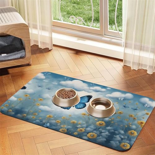 Katzenfuttermatte mit blauem Schmetterlings- und Wolkenaufdruck, für Boden, Haustierbedarf, Wassernapf-Matte, Hunde-Essentials, Blau Katzenfuttermatte mit blauem Schmetterlings- und Wolkenaufdruck, für Boden, Haustierbedarf, Wassernapf-Matte, Hunde-Essentials, Blau von KOUUIP
