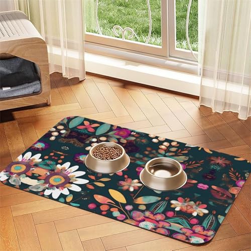 Katzenfuttermatte mit buntem Boho-Blumendruck, Haustier-Futtermatte für Boden, Haustierbedarf, Wassernapf-Matte, Hundezubehör von KOUUIP