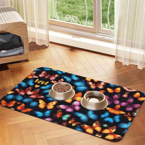 Katzenfuttermatte mit buntem Schmetterlings-Aufdruck, Haustier-Futtermatte für Boden, Haustierbedarf, Wassernapf-Matte für Hunde Katzenfuttermatte mit buntem Schmetterlings-Aufdruck, Haustier-Futtermatte für Boden, Haustierbedarf, Wassernapf-Matte für Hunde von KOUUIP